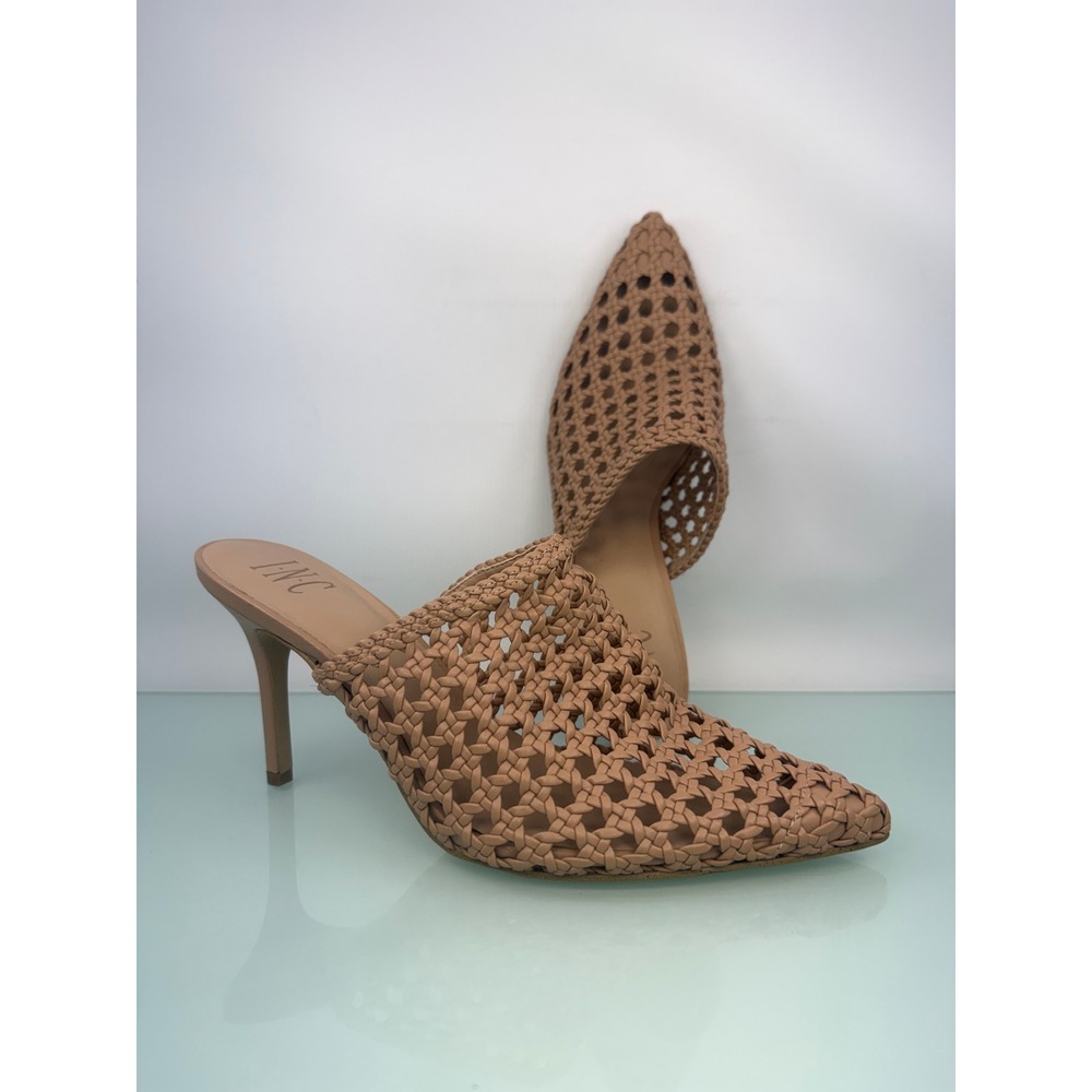 INC Woven Mule Heels Women 9.5 Tan Pointed Toe Slip On Y2K Chic Minimal Summer
